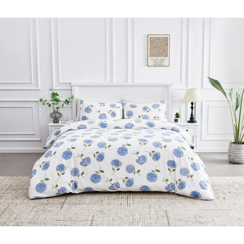 Audrina Blue/White Standard Cotton Duvet Cover Set, Queen Duvet Cover + 2 Standard Sham, Blue