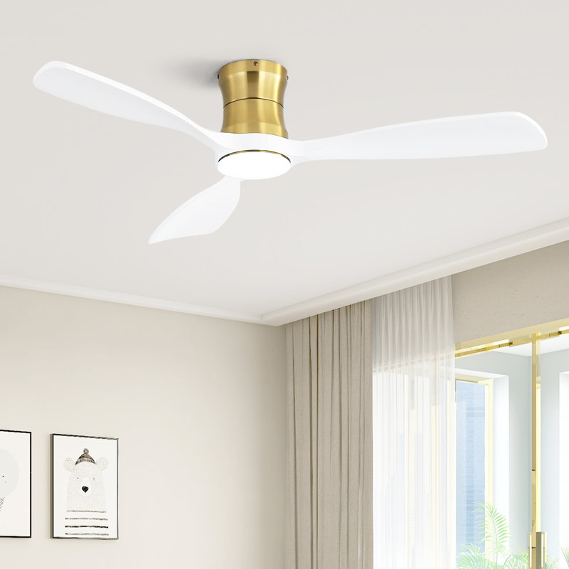48" Flush Mount Ceiling Fan With Lights, Remote, Solid Wood Blades Dimmable With Memory Function, White/Gold