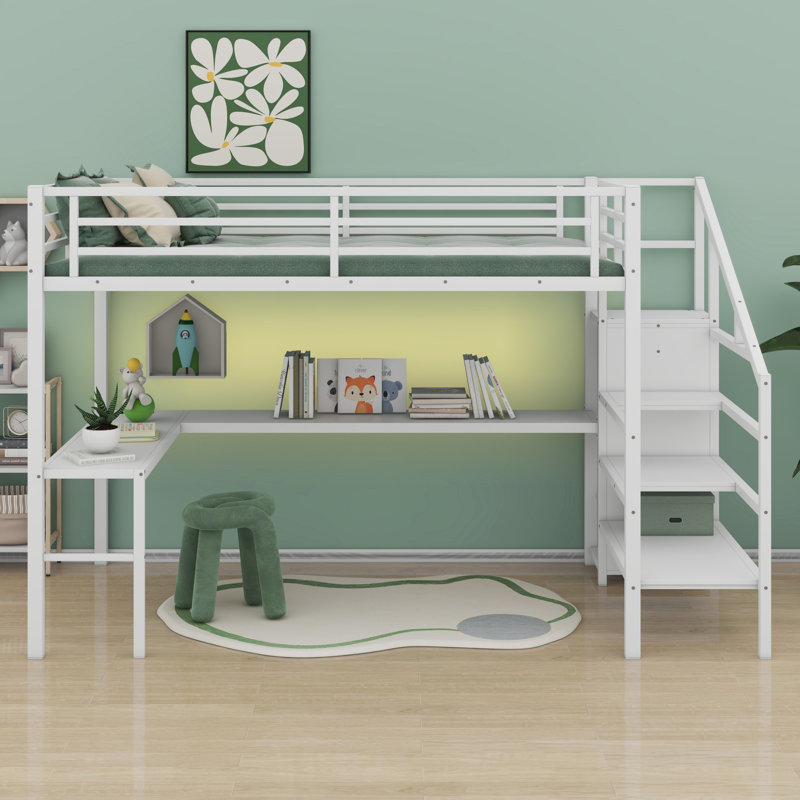Loft Bed With L-Shaped Desk And USB,Wardrobe Shelf And LED, White