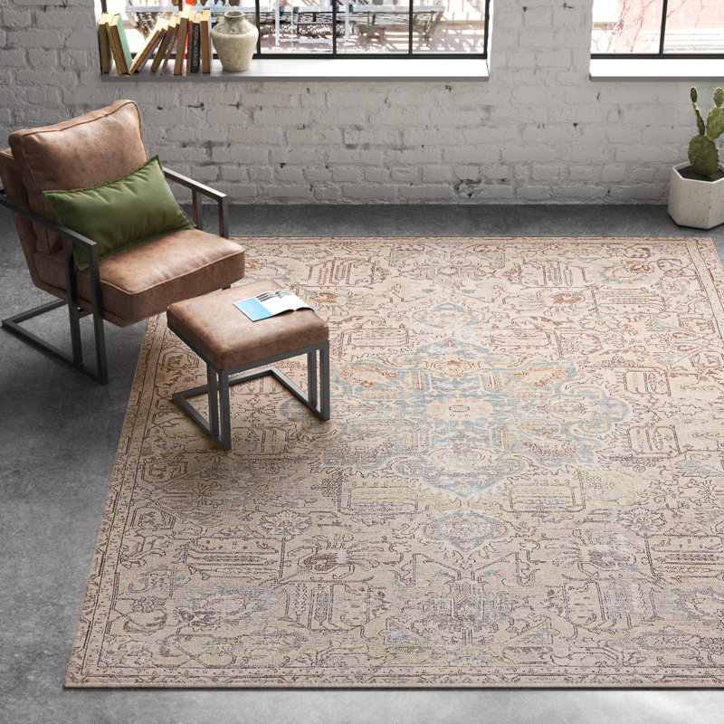 Tapis oriental bleu clair lavable à la machine Elodie, Rectangle 6 pi x 9 pi