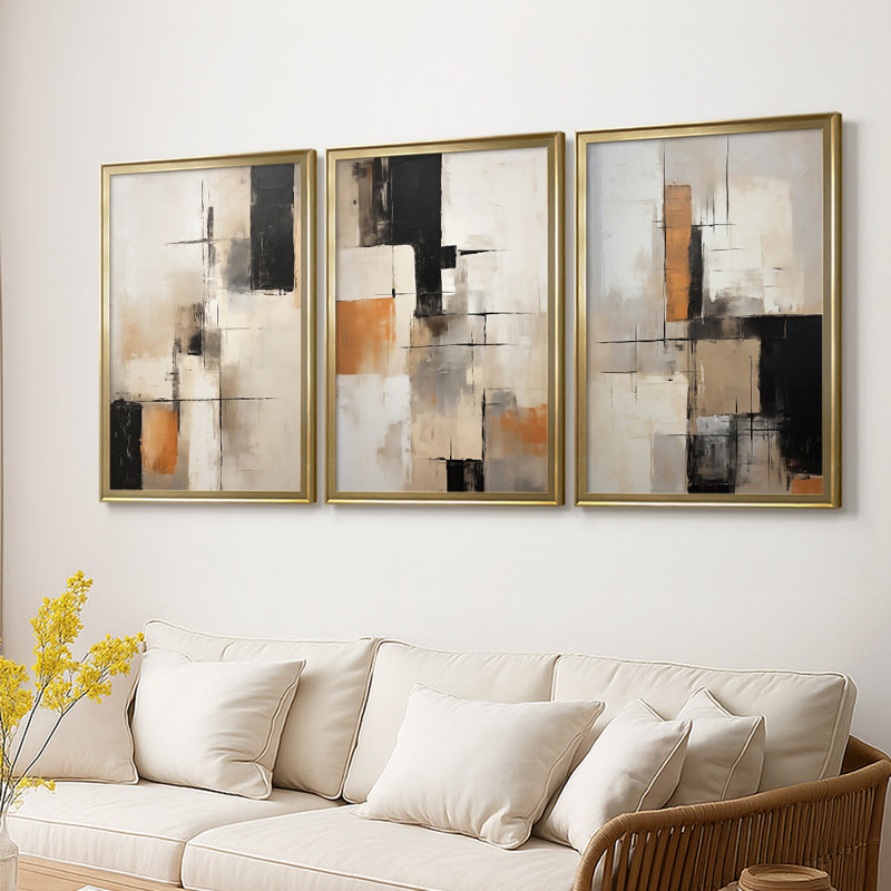 ABSTRACT Series CCCCLXIV - Toile tendue avec châssis sur mesure - 3 pièces, H 19 po x l 27 po, Doré