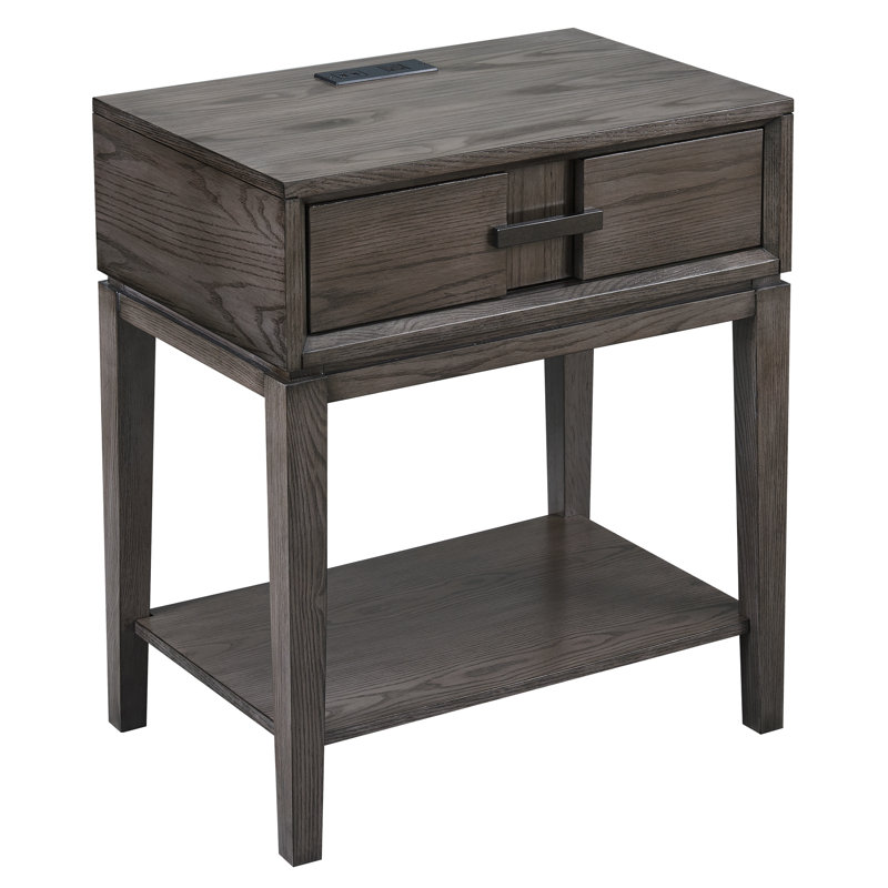 Solid Oak Wood Recessed Design Side Table with AC/USB in Smoke Gray