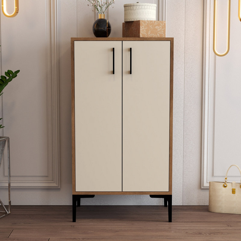 Modern Shoe Cabinet with Metal Legs, Walnut & Cream, 23.6 x 43.7 x 13.8 inches | 100% Melamine Coated Particle Board, Thickness: 0.7 inches | Numerous Shelves, Wall-Mountable, Stylish & Functional Storage Solution