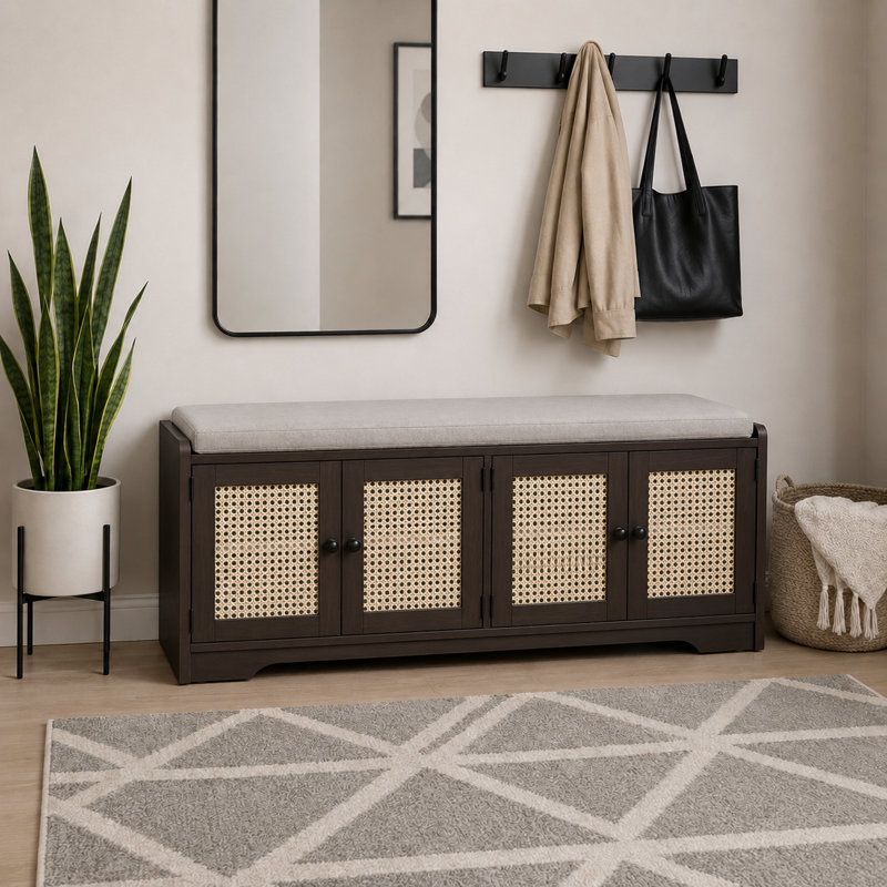 Banc de rangement en rotin avec siège rembourré Farmhouse, Espresso