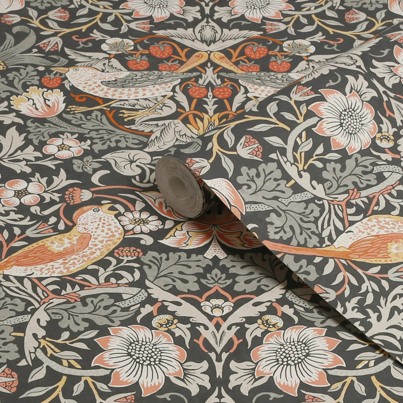 William Morris At Home Strawberry Thief Floral Wallpaper, Black