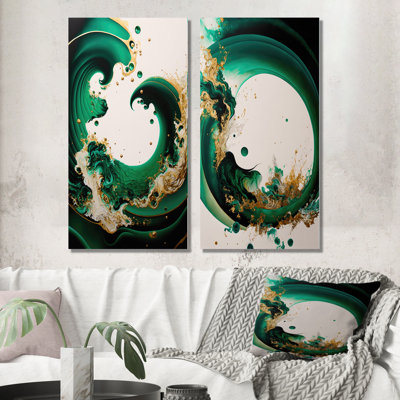 Green Gold Abstract Waves Wall Art, 2-Piece Canvas Set - Emerald Green And Gold Abstract Waves I