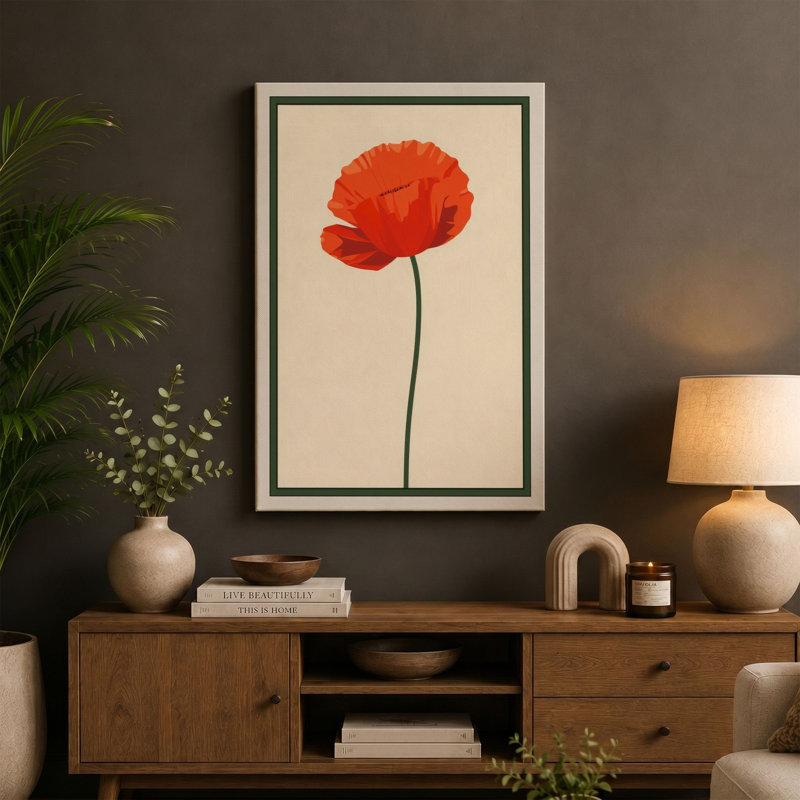 Single Red Poppy Botanical - Wrapped Canvas, 18x12 - 45.7 x 30.5 cm, White Border