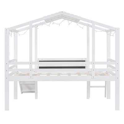 Twin Size Loft Bed With Ladder And Slide, House Bed With Blackboard And Light Strip On The Roof, White