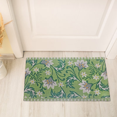 Tapis de porte en fibre de coco motif floral vert
