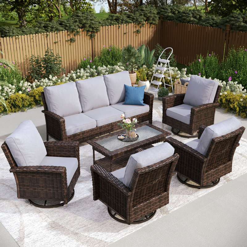 Nadilee Premium All-Weather Wicker 7 - Person Patio Conversation Set with Cushions, Light Gray