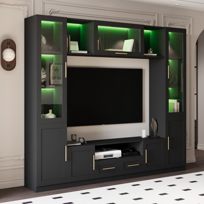 4-piece Wall Unit Tv Stand With Led Lights For Tvs Up To 70", Large Entertainment Centre  With Bookshelves