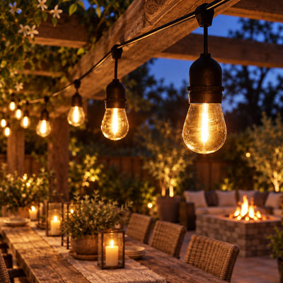 50ft Patio String Light, Waterproof, 15 Sockets, 16 Bulbs Included, E26 Base, For Festivals, Garden