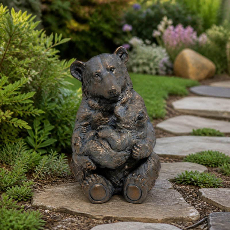 Statue de jardin mère ours et ourson d'aspect bronze antique, Brun