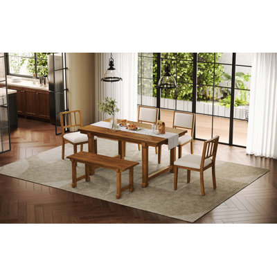 Ensemble de salle à manger de ferme 6 pièces pour 6 personnes avec structure en bois massif et chaises ergonomiques à double style, noyer et beige
