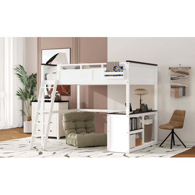 Grand lit mezzanine avec bureau, tablette ouverte et boîte de rangement, station de charge USB