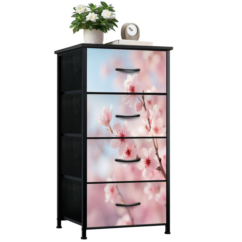 Commode 4 tiroirs avec tiroirs verticaux délicats à branches de cerisier en fleurs bleu ciel doux avec plateau en bois