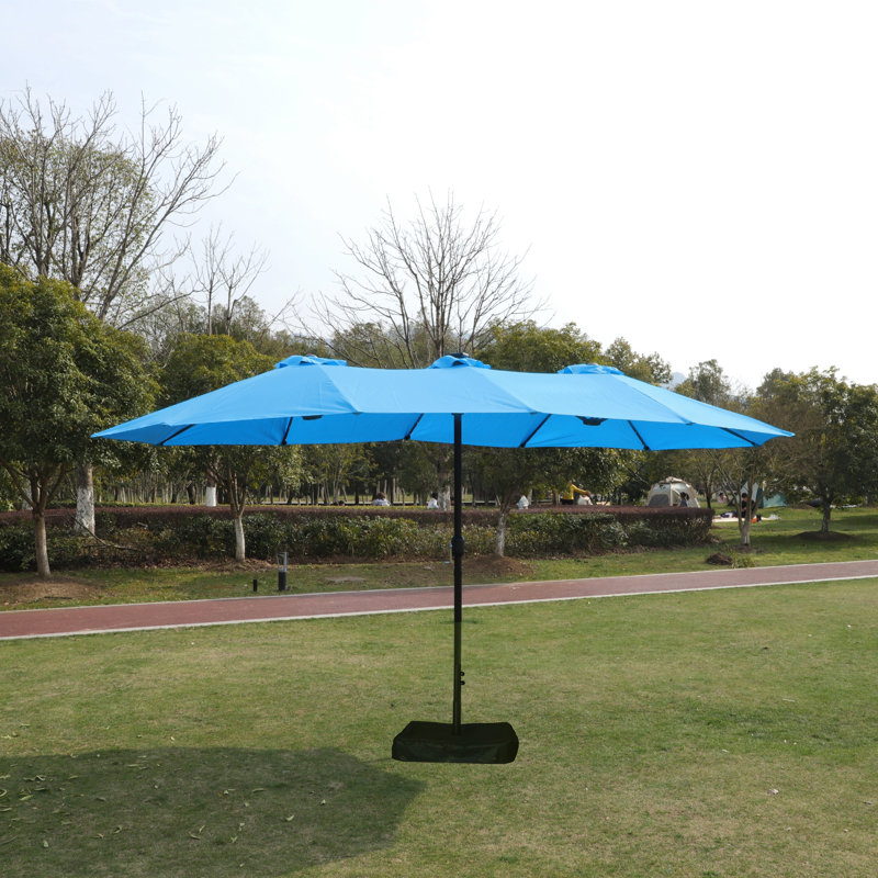 Grand parasol rectangulaire double 15 x 9 pi pour l'extérieur avec lumière et base, Bleu