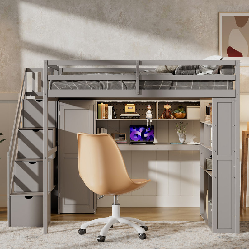 Structure de lit mezzanine avec garde-robe intégrée, bureau d'étude, tablettes et lumières de rangement, conception peu encombrante pour la chambre à coucher