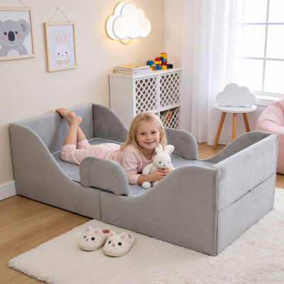 Toddler Bed, Toddler Floor Bed – Low-to-Ground Design with Detachable Guard Rails, Soft Upholstered Transition Bed, Standard Crib Size for kids Ages 1–6 (Gray)