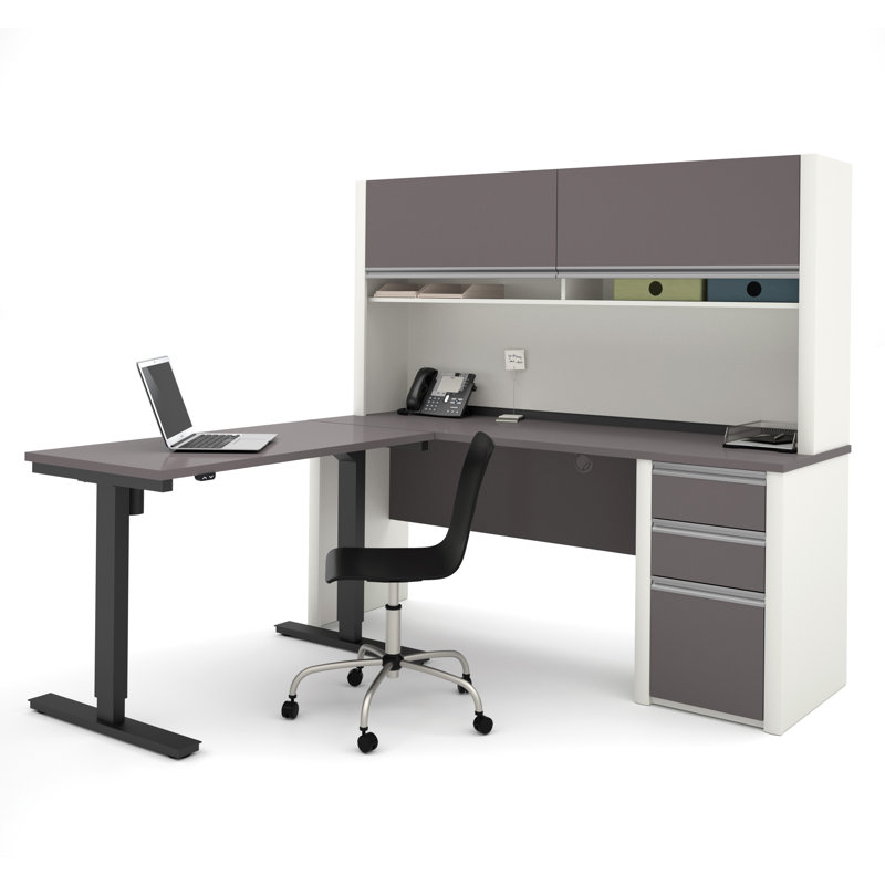 Aurea Piece Computer Desk Office Set, Slate & Sandstone, 4-Piece Set (1 Desk, 1 Table, 1 Credenza, 1 Hutch