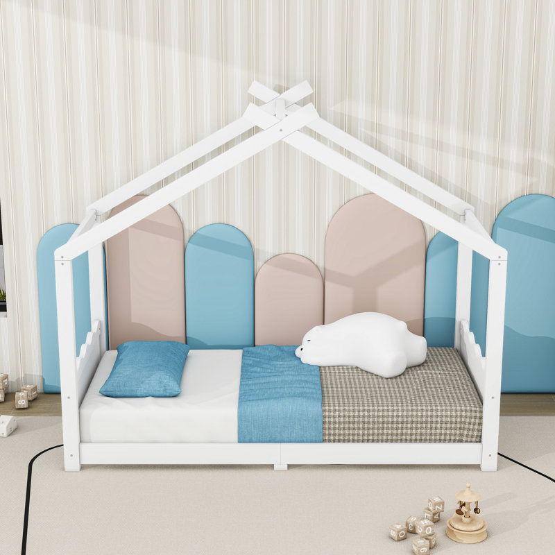 Wood House Floor Bed With Slats, Twin, White