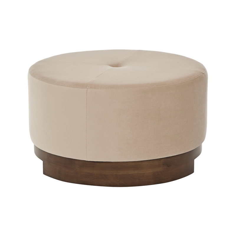 Elmcrest Round Mid-century Modern Upholstered Ottoman with Solid Wood Base, Camel Velvet