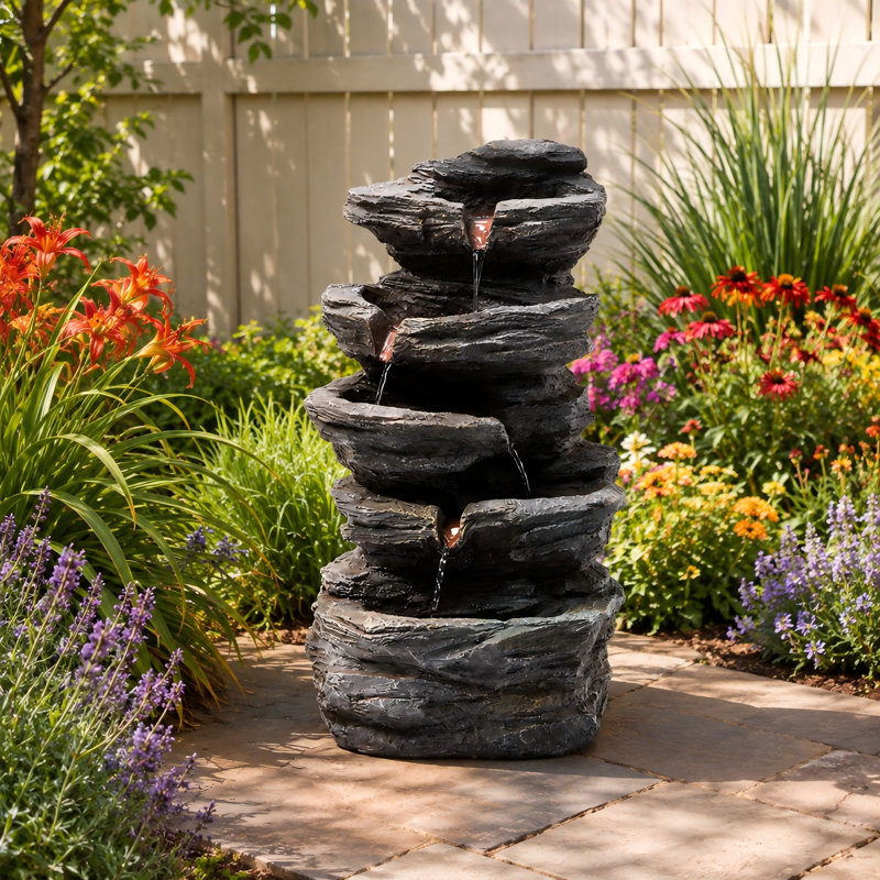 Grande fontaine d'eau 19,7 po, fontaines en pierre 5 étages et modernes avec lumières à DEL pour jardin, patio, terrasse, porche, cour arrière, pelouse