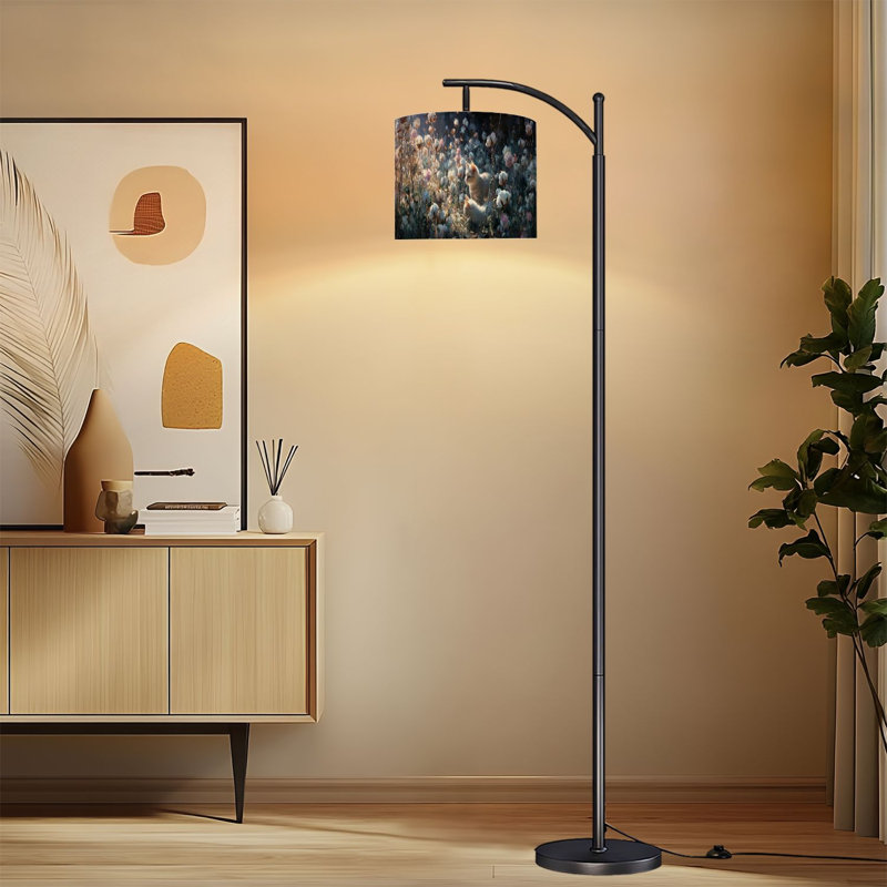 Arc Floor Lamp with Adjustable Lampshade Rustic Cotton Bloom Scene Vibrant Oil Golden Sunlight Standing Lamp 3 Color Temperatures Dimmable Tall Pole Lamp with Foot Switch for Bedroom