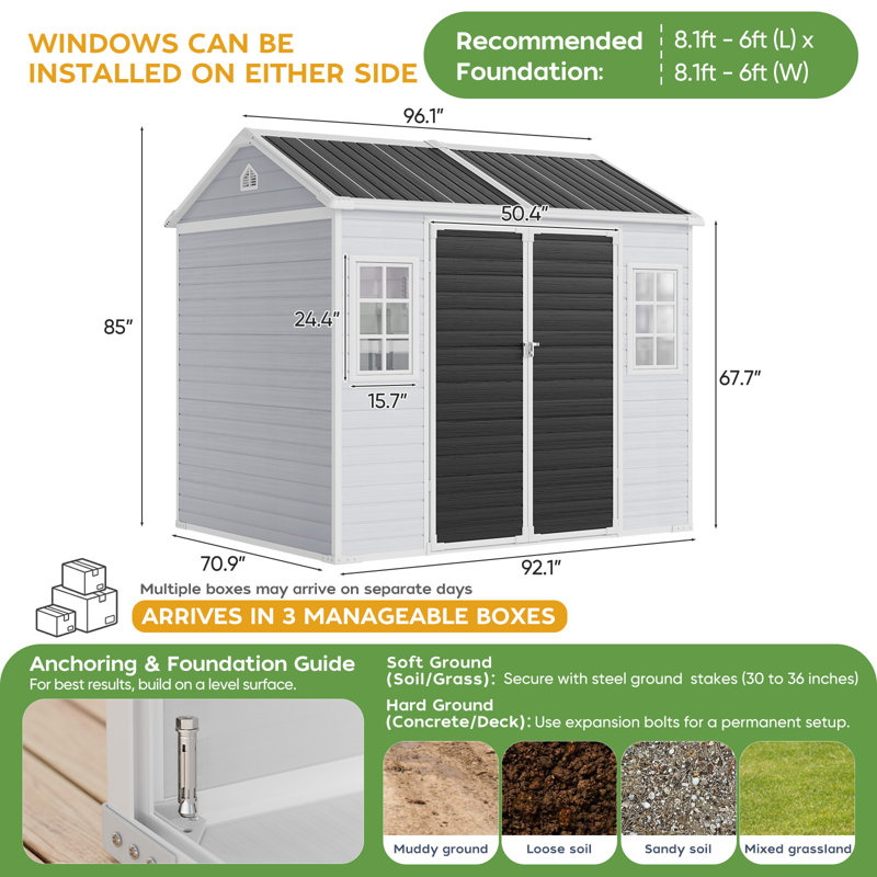 Abri de jardin extérieur en résine de 2,4 x 1,8 m avec fenêtres, porte verrouillable et ventilation