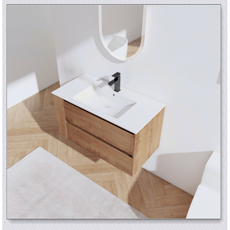 Meuble-lavabo mural 36 po avec lavabo en céramique, Imitation chêne