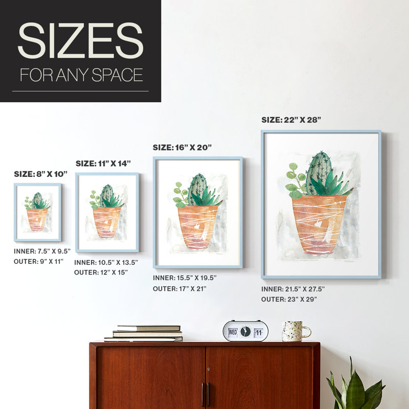 Boho Cactus, reproduction encadrée - bois massif, H 11 po x l 9 po, Bleu