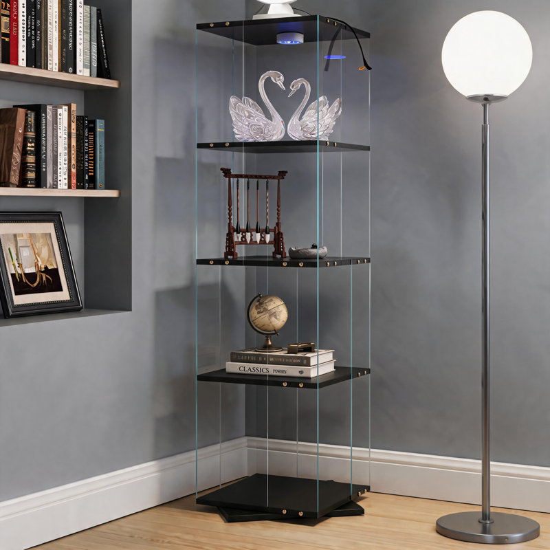 Black Four-Tier Rotating Glass Display Case, Remote-Controlled Light Strip, Adjustable Cabinet Legs, Suitable For Multiple Scenarios Including Living Room And Kitchen.