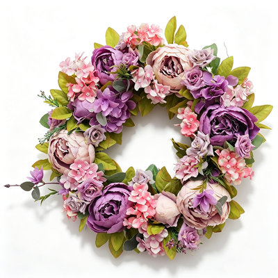 Élégante couronne de pivoines artificielles de 17,7 po, guirlande de pivoines suspendues avec porte d'entrée style jardin de campagne rétro, mauve