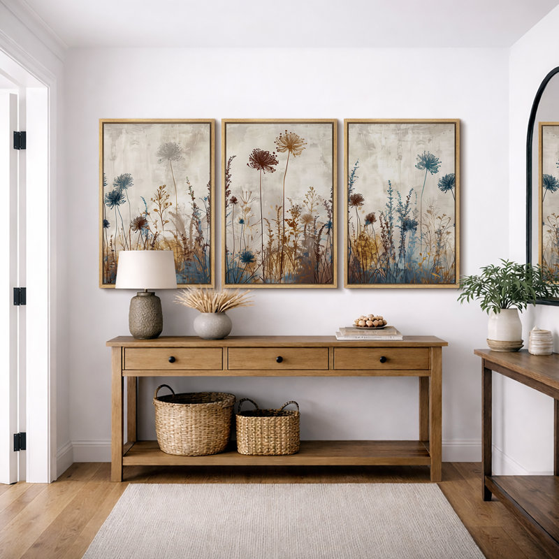 Vibrant Wildflower "Rustic Wildflowers Floral Artwork, Neutral Botanical Living Room Wall Pictures, 3 Pieces Canvas Giclee Print Wall Art" 16"x24"x3 pcs, 24"x36"x3 pcs