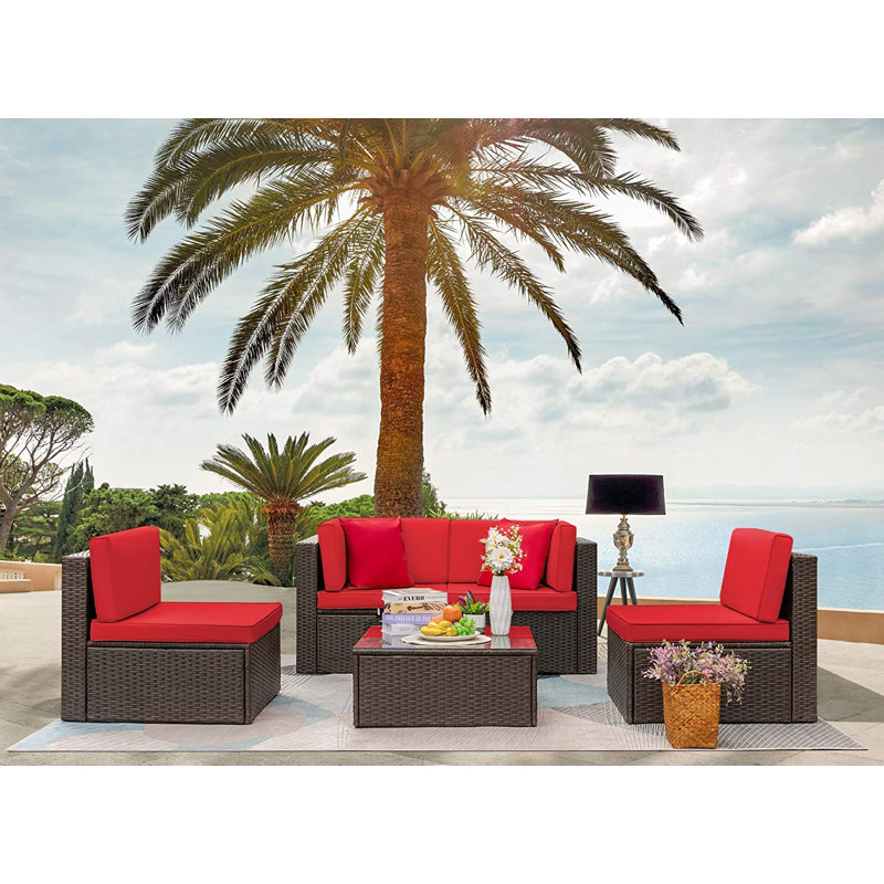 Ensemble de conversation pour patio 5 pièces avec table et coussin, Rouge