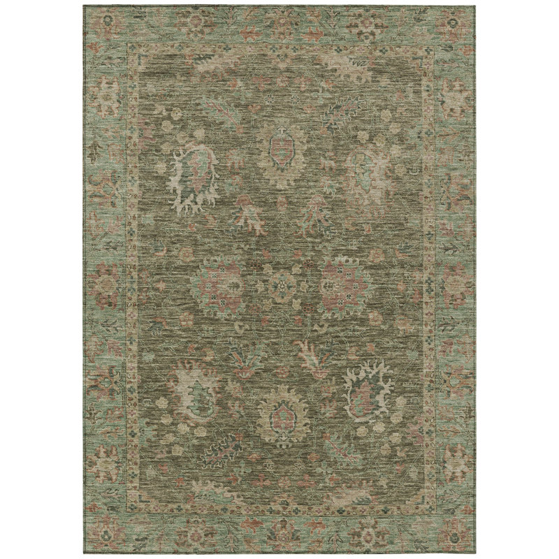 Tapis extérieur lavable floral vert olive et rouille 8 pi x 10 pi