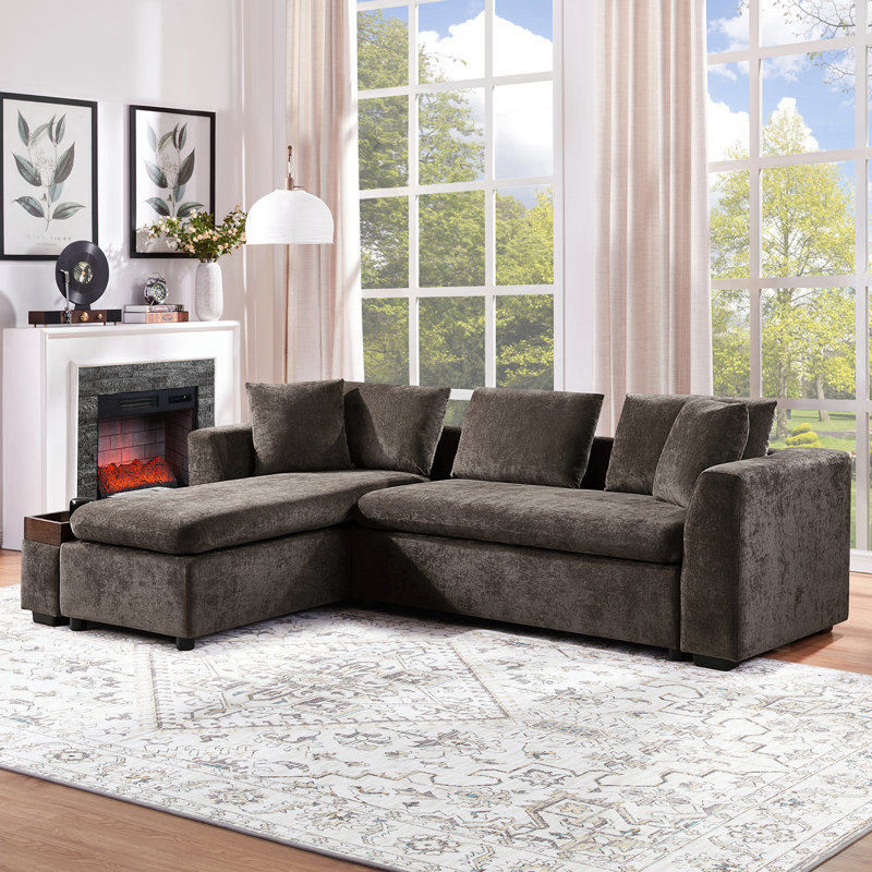Canapé modulaire avec canapé en L 93,7 po et compartiment de rangement en bois pour salon, Chenille brun