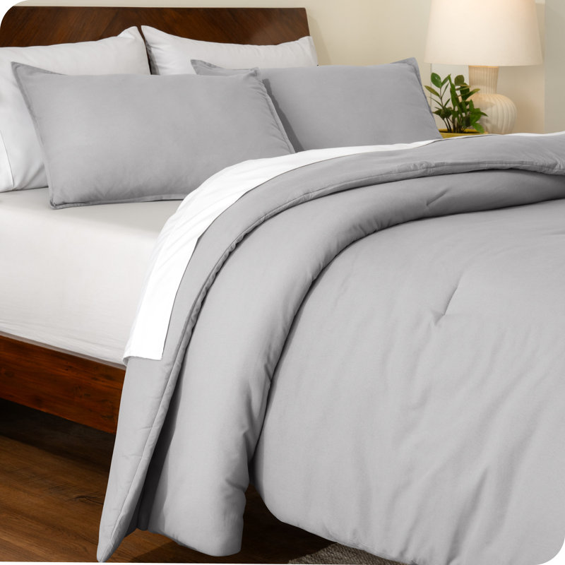 Down Alternative Track Stitch Comforter Set, Light Gray, Queen Comforter + 2 Standard Shams