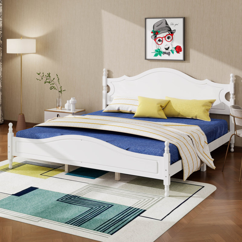 Lit plateforme rétro en bois avec tête de lit haute, cadre de lit en bois avec support en lattes de bois, White