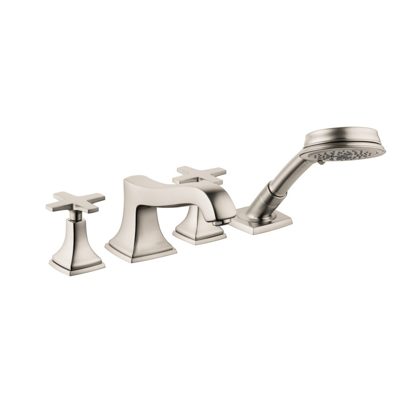 Hansgrohe Metropol Classic 4-Hole Roman Tub Set Trim with 1.8 GPM Handshower Trim Set Only, Cross Handle, Brushed Nickel