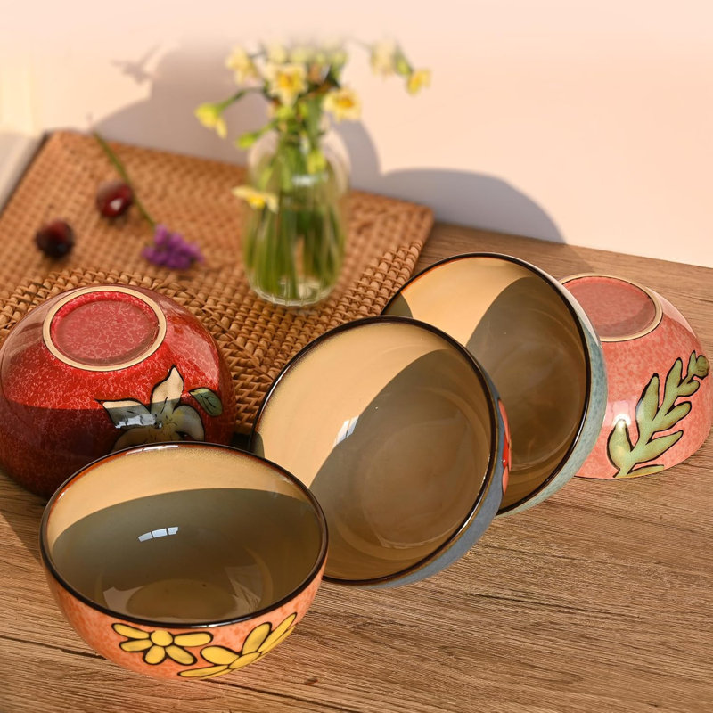 Ensemble de 6 bols en céramique avec motif floral - bols en grès de 6 pouces pour céréales, soupes, salades, desserts, micro-ondes et lave-vaisselle