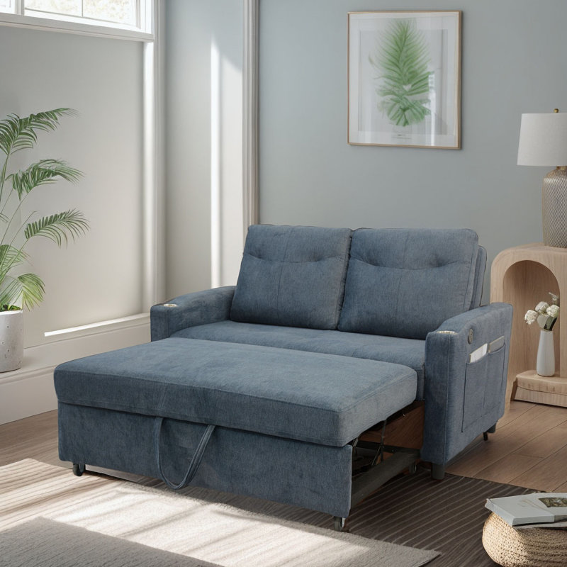 53.2'' Small Loveseat Pull-Out Sofa Bed - Adjustable Backrest, Gray Fabric