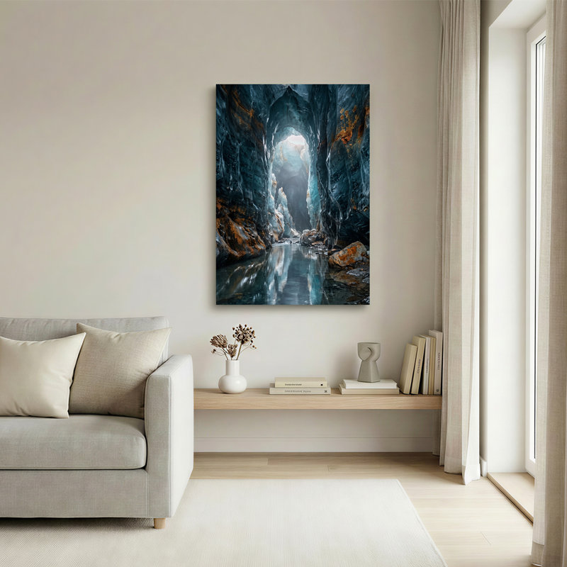 Art mural sur toile, "Blue Ice Cave" avec taches orange et reflet de l'eau, H 18 po x l 12 po