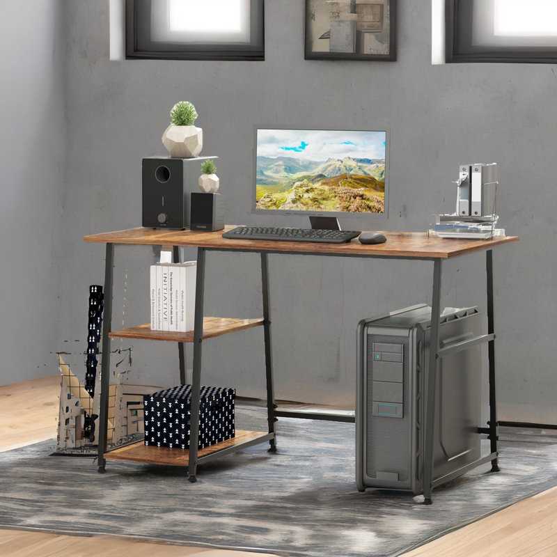 Kulle 120cm W Rectangle Writing Computer Desk With 2 Shelves Industrial Rustic Brown Furniture
