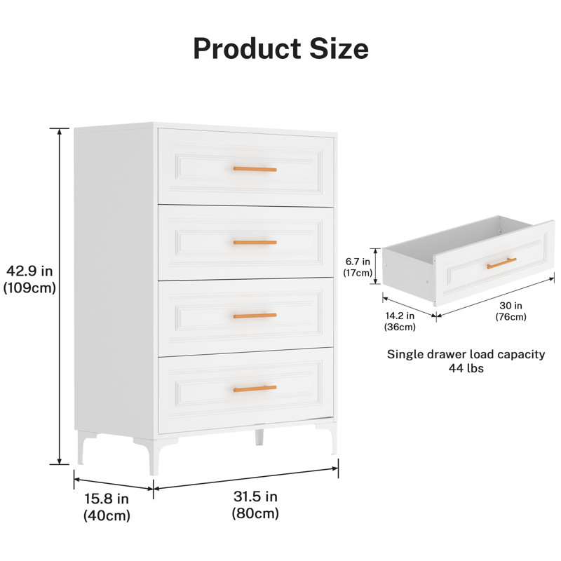 4 Drawers 31.5"W Dresser Metal Chest of Drawers, White