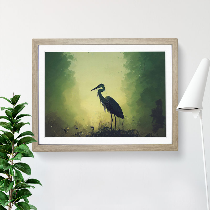 Heron Bird - Single Picture Frame Painting, 46cm H x 64cm W x 2cm D, Oak