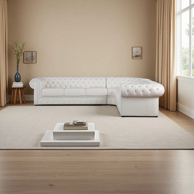 3-Piece Cow Top Leather Sectional Sofa, Right Hand Facing, White Genuine Leather