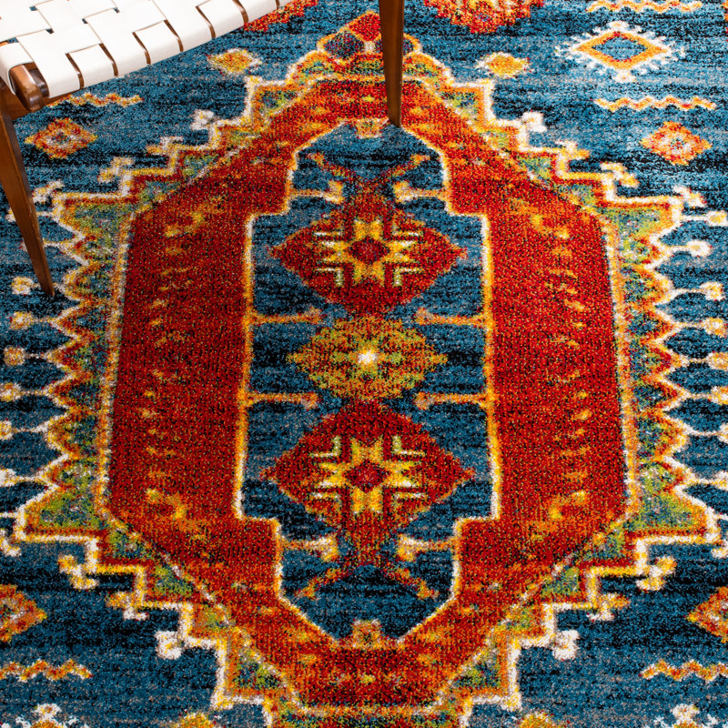 Tapis bleu / rouge Drumawillin Southwestern, Carré 6 pi 7 po
