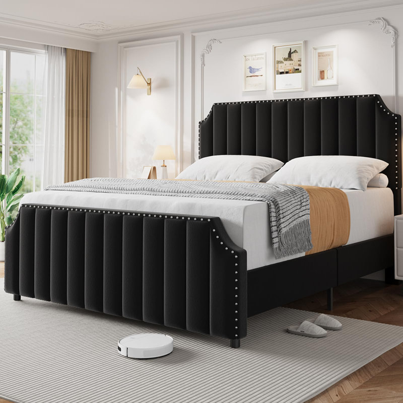 Queen Velvet Bed Frame with Tufted Headboard, Metal Platform Bed with Sturdy Wooden Slats, Queen