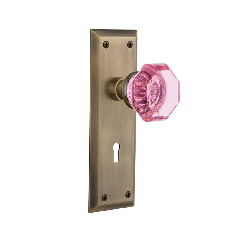 Plaque New York avec trou de serrure décoratif et bouton de porte rose Waldorf, Étain antique